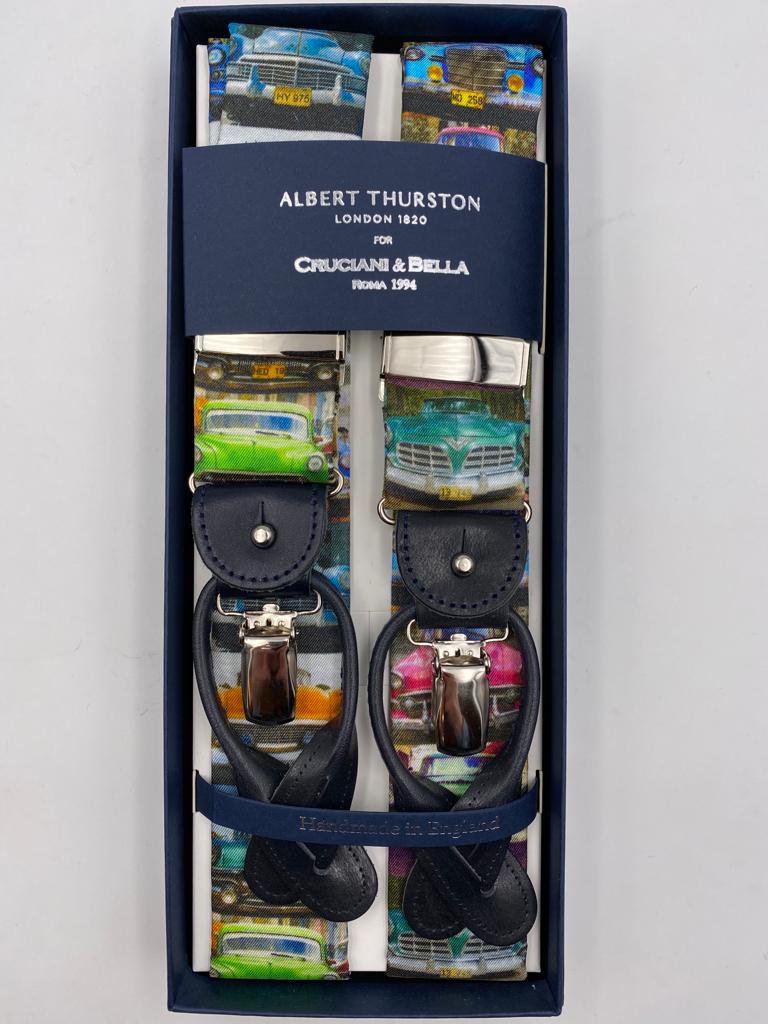 Albert Thurston for Cruciani & Bella Made in England 2 in 1 Adjustable Sizing 40 mm braces Fancy Cars Y-Shaped Nickel Fittings Size: XL #6205