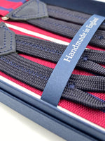 Albert Thurston for Cruciani & Bella Made in England Adjustable Sizing 40 mm Woven Barathea  Scarlet Red and Blue Stripes Braces Braid ends Y-Shaped Nickel Fittings Size: XL #6208