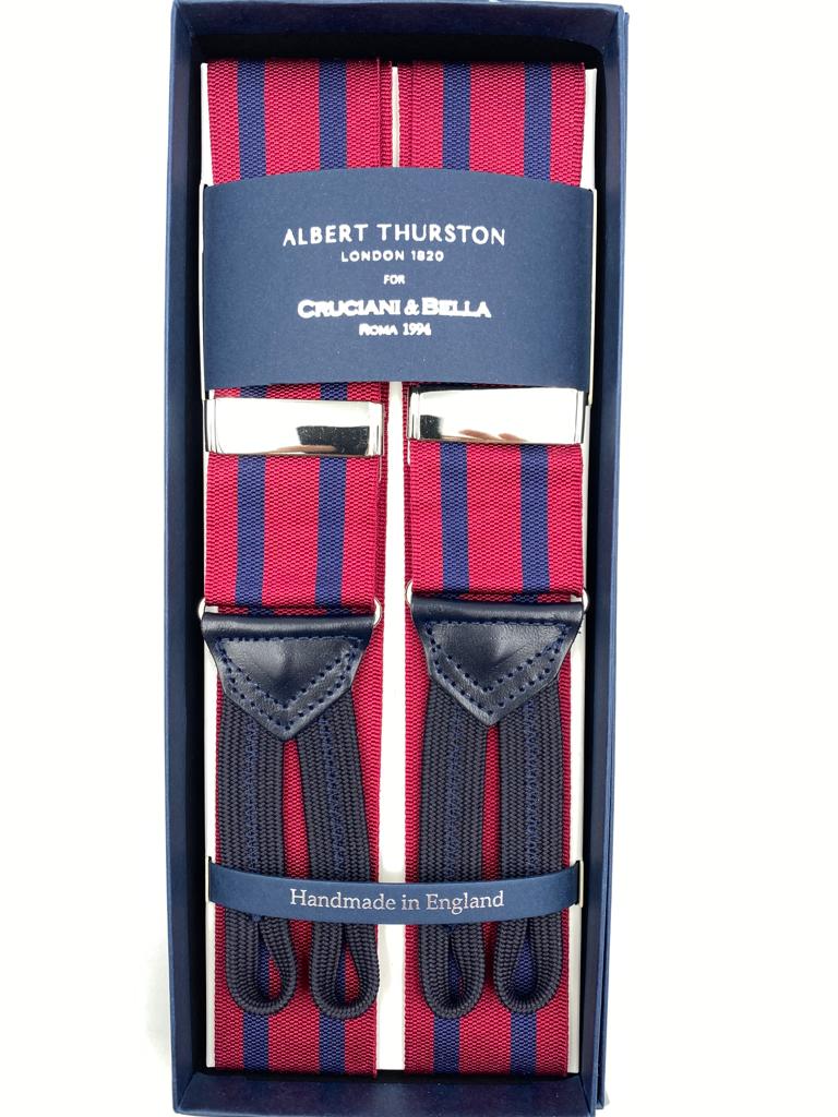 Albert Thurston for Cruciani & Bella Made in England Adjustable Sizing 40 mm Woven Barathea  Scarlet Red and Blue Stripes Braces Braid ends Y-Shaped Nickel Fittings Size: XL #6208