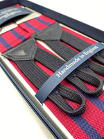 Albert Thurston for Cruciani & Bella Made in England Adjustable Sizing 40 mm Woven Barathea  Scarlet Red and Blue Stripes Braces Braid ends Y-Shaped Nickel Fittings Size: XL #6208