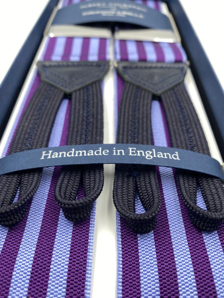 Albert Thurston for Cruciani & Bella Made in England Adjustable Sizing 40 mm Woven Barathea  Purple and Lilac Stripes Braces Braid ends Y-Shaped Nickel Fittings Size: XL #6209