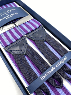 Albert Thurston for Cruciani & Bella Made in England Adjustable Sizing 40 mm Woven Barathea  Purple and Lilac Stripes Braces Braid ends Y-Shaped Nickel Fittings Size: XL #6209