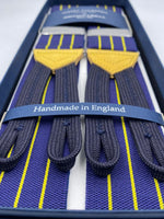 Albert Thurston for Cruciani & Bella Made in England Adjustable Sizing 40 mm Woven Barathea  Blue and Yellow Stripes Braces Braid ends Y-Shaped Nickel Fittings Size: XL #6210