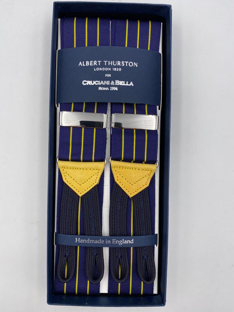 Albert Thurston for Cruciani & Bella Made in England Adjustable Sizing 40 mm Woven Barathea  Blue and Yellow Stripes Braces Braid ends Y-Shaped Nickel Fittings Size: XL #6210
