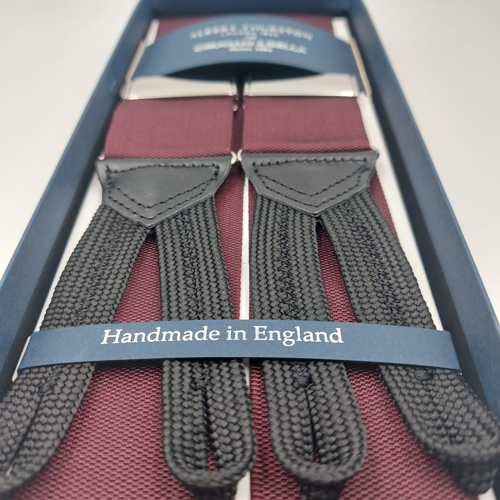 Albert Thurston for Cruciani & Bella Made in England Adjustable Sizing 40 mm Woven Barathea  Wine Plain Color Braces Braid ends Y-Shaped Nickel Fittings Size: XL #6214