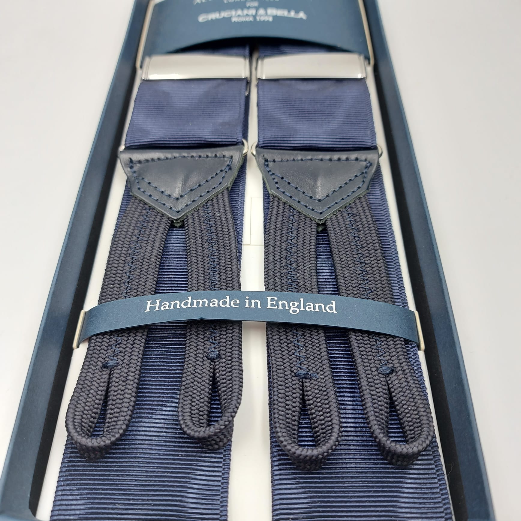 Albert Thurston for Cruciani & Bella Made in England Adjustable Sizing 40 mm Woven Barathea Navy Blue Moirè Plain Color Braces Braid ends Y-Shaped Nickel Fittings Size: XL #6220