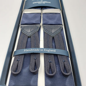 Albert Thurston for Cruciani & Bella Made in England Adjustable Sizing 40 mm Woven Barathea Navy Blue Moirè Plain Color Braces Braid ends Y-Shaped Nickel Fittings Size: XL #6220