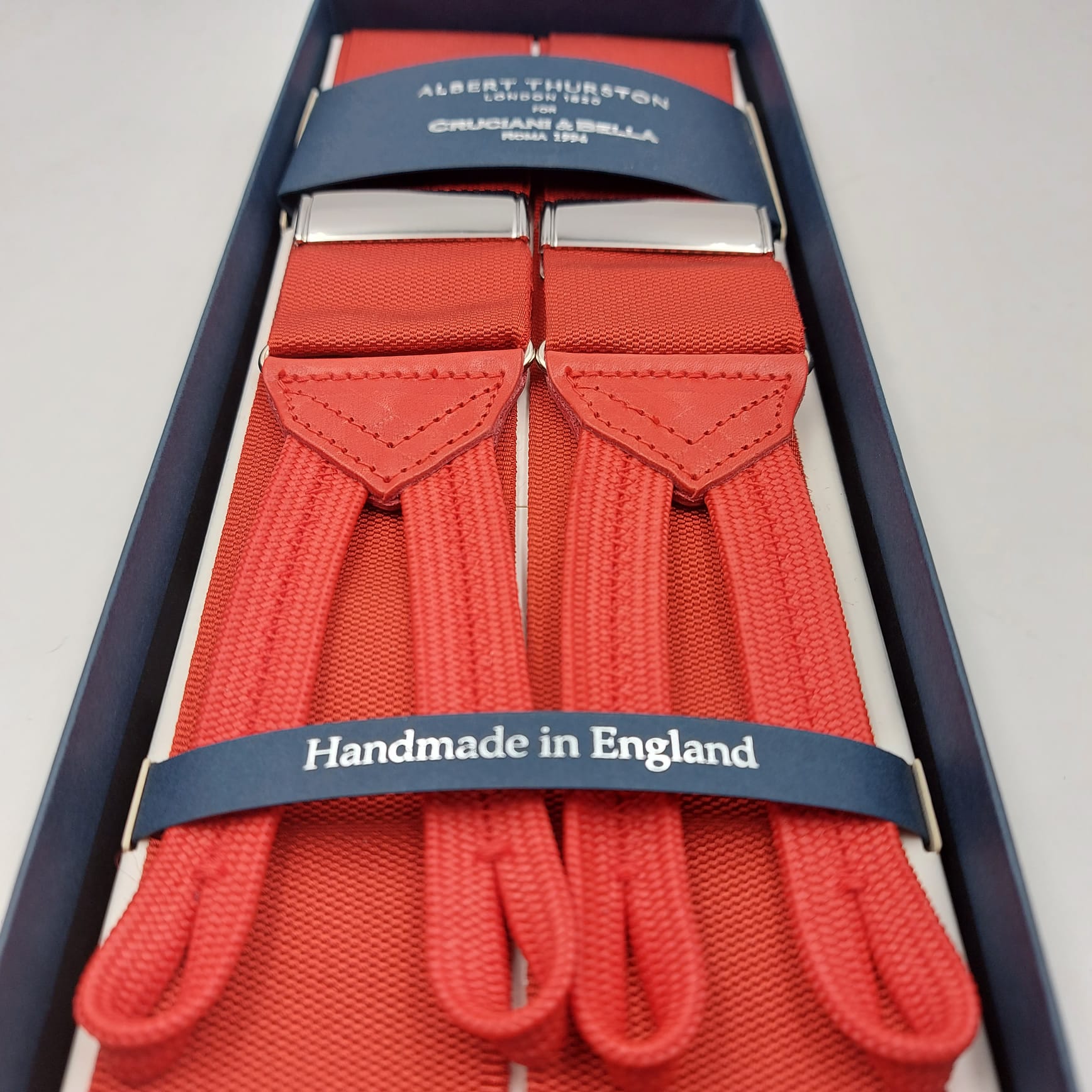 Albert Thurston for Cruciani & Bella Made in England Adjustable Sizing 40 mm Woven Barathea Red Scalet Plain Color Braces Braid ends Y-Shaped Nickel Fittings Size: XL #6221  