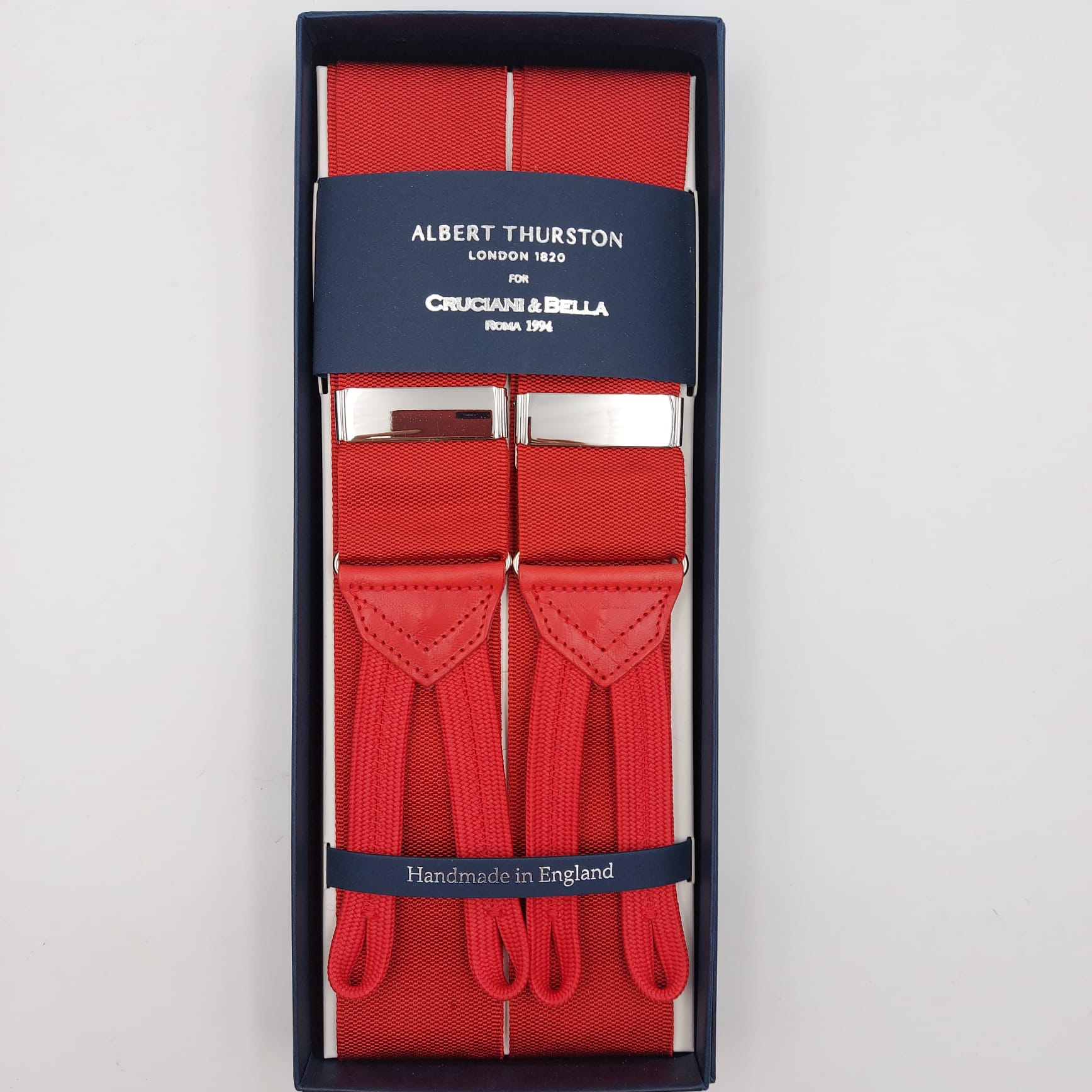Albert Thurston for Cruciani & Bella Made in England Adjustable Sizing 40 mm Woven Barathea Red Scalet Plain Color Braces Braid ends Y-Shaped Nickel Fittings Size: XL #6221  