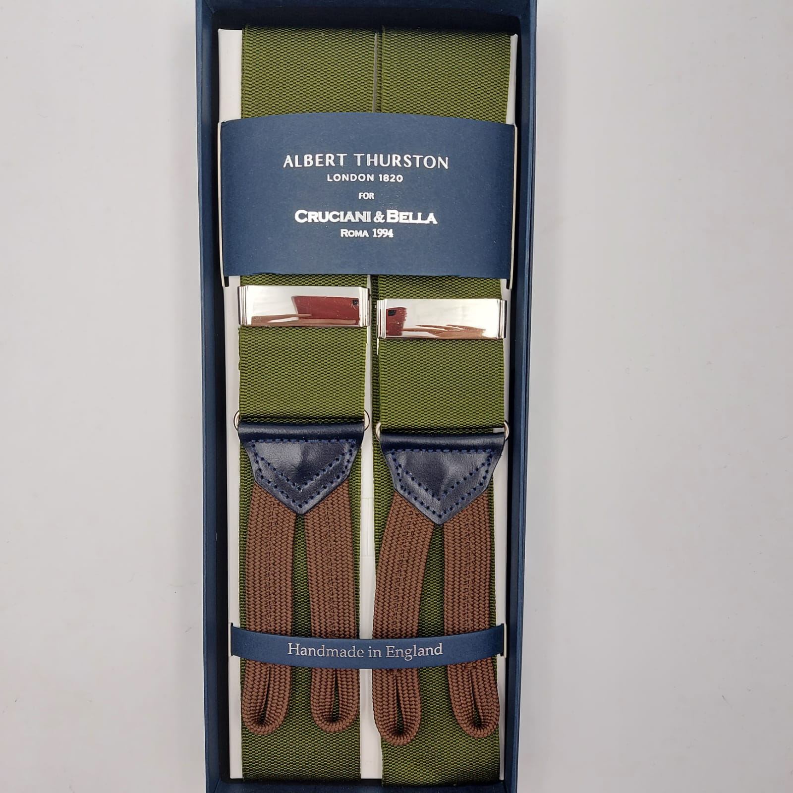 Albert Thurston for Cruciani & Bella Made in England Adjustable Sizing 40 mm Woven Barathea Olive Green Plain Color Braces Braid ends Y-Shaped Nickel Fittings Size: XL #6222