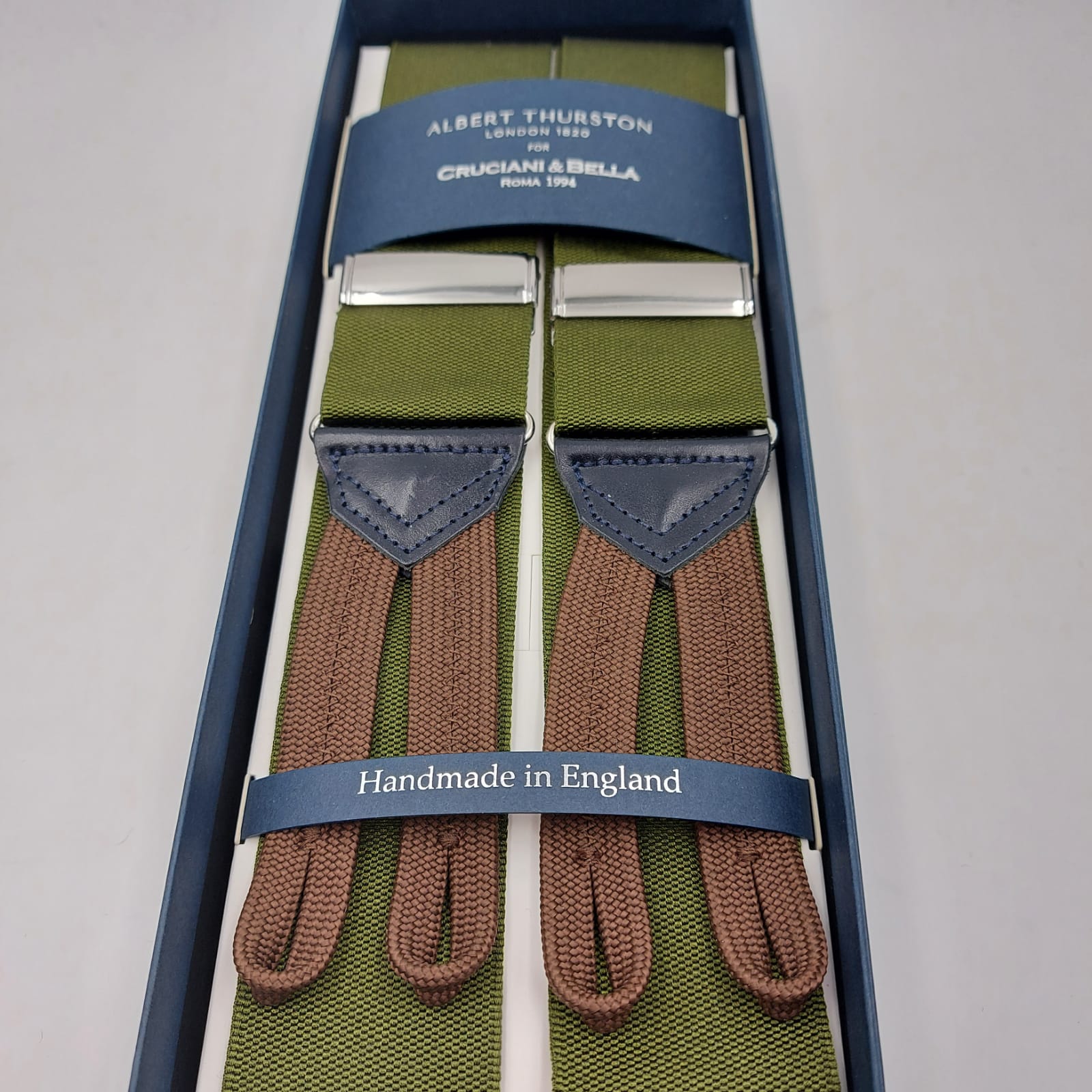 Albert Thurston for Cruciani & Bella Made in England Adjustable Sizing 40 mm Woven Barathea Olive Green Plain Color Braces Braid ends Y-Shaped Nickel Fittings Size: XL #6222
