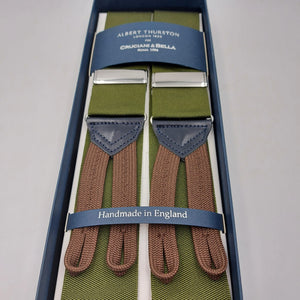 Albert Thurston for Cruciani & Bella Made in England Adjustable Sizing 40 mm Woven Barathea Olive Green Plain Color Braces Braid ends Y-Shaped Nickel Fittings Size: XL #6222