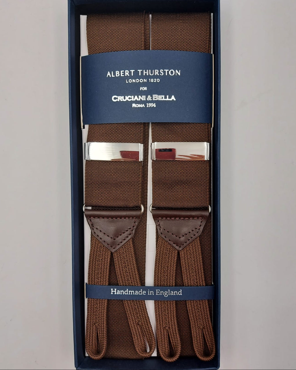 Albert Thurston for Cruciani & Bella Made in England Adjustable Sizing 40 mm Woven Barathea Coffee Plain Color Braces Braid ends Y-Shaped Nickel Fittings Size: XL #6223