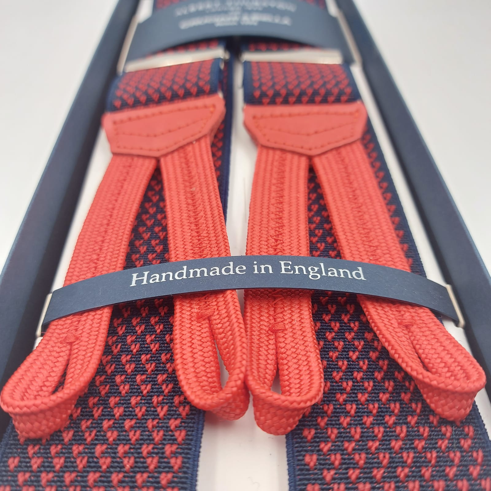 Albert Thurston for Cruciani & Bella Made in England Adjustable Sizing 35 mm Elastic Braces Red and Blue Optical Pattern Braces Braid ends Y-Shaped Nickel Fittings Size: L #6230