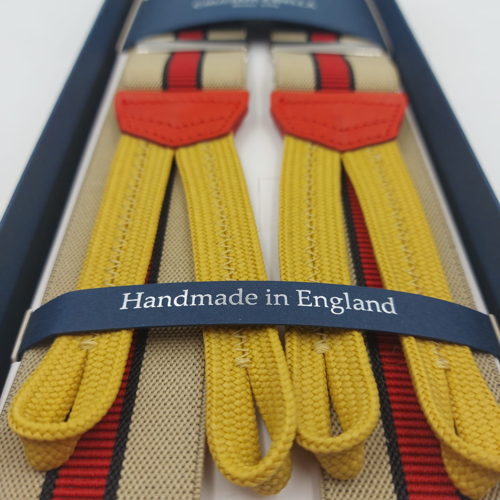 Albert Thurston for Cruciani & Bella Made in England Adjustable Sizing 35 mm Elastic Braces Sand,Red and Blue Stripes Braces Braid ends Y-Shaped Nickel Fittings Size: L #6232