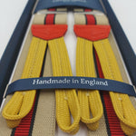 Albert Thurston for Cruciani & Bella Made in England Adjustable Sizing 35 mm Elastic Braces Sand,Red and Blue Stripes Braces Braid ends Y-Shaped Nickel Fittings Size: L #6232