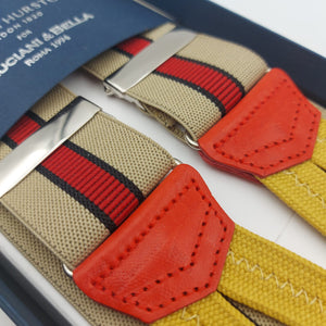Albert Thurston for Cruciani & Bella Made in England Adjustable Sizing 35 mm Elastic Braces Sand,Red and Blue Stripes Braces Braid ends Y-Shaped Nickel Fittings Size: L #6232