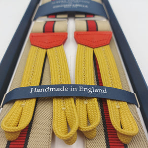 Albert Thurston for Cruciani & Bella Made in England Adjustable Sizing 35 mm Elastic Braces Sand,Red and Blue Stripes Braces Braid ends Y-Shaped Nickel Fittings Size: L #6232
