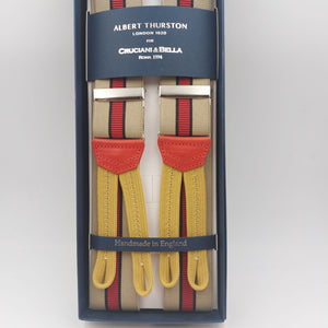 Albert Thurston for Cruciani & Bella Made in England Adjustable Sizing 35 mm Elastic Braces Sand,Red and Blue Stripes Braces Braid ends Y-Shaped Nickel Fittings Size: L #6232