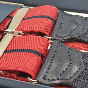Albert Thurston for Cruciani & Bella Made in England Adjustable Sizing 35 mm Elastic Braces Red and Blue Stripes Braces Braid ends Y-Shaped Nickel Fittings Size: L #6234  
