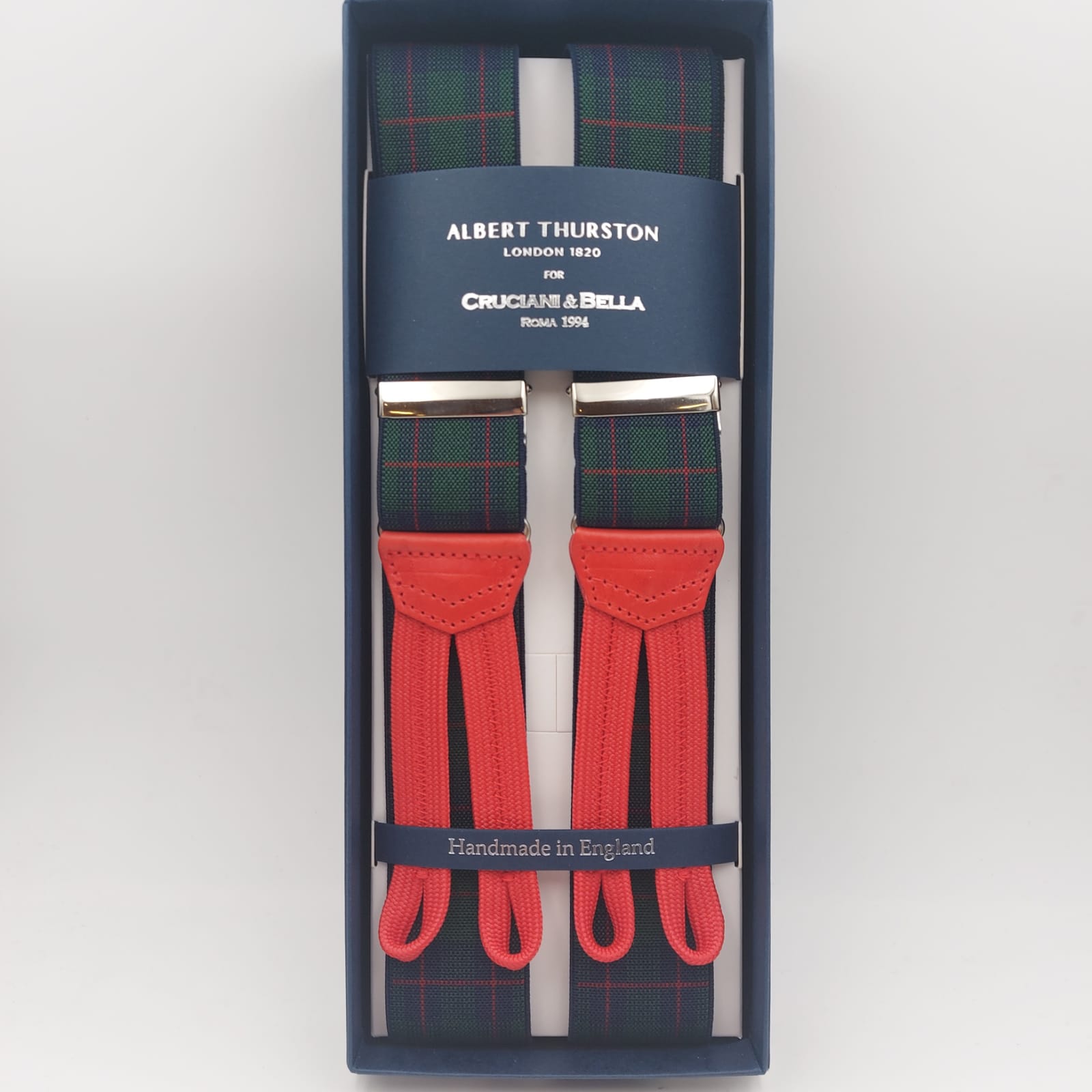 Albert Thurston for Cruciani & Bella Made in England Adjustable Sizing 35 mm Elastic Braces Green and Red Tartan Braces Braid ends Y-Shaped Nickel Fittings Size: L #6238