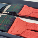 Albert Thurston for Cruciani & Bella Made in England Adjustable Sizing 35 mm Elastic Braces Green and Red Tartan Braces Braid ends Y-Shaped Nickel Fittings Size: L #6238