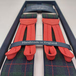 Albert Thurston for Cruciani & Bella Made in England Adjustable Sizing 35 mm Elastic Braces Green and Red Tartan Braces Braid ends Y-Shaped Nickel Fittings Size: L #6238