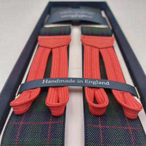 Albert Thurston for Cruciani & Bella Made in England Adjustable Sizing 35 mm Elastic Braces Green and Red Tartan Braces Braid ends Y-Shaped Nickel Fittings Size: L #6238