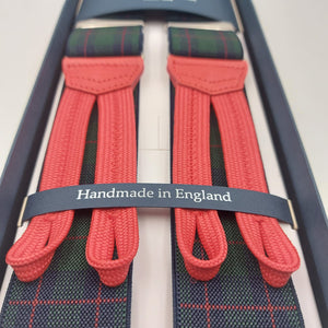 Albert Thurston for Cruciani & Bella Made in England Adjustable Sizing 35 mm Elastic Braces Green and Red Tartan Braces Braid ends Y-Shaped Nickel Fittings Size: L #6238