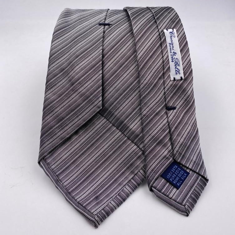 Cruciani & Bella 100% Wowen Silk Self Tipped Striped Grey Wowen Tie Handmade in Italy 9 cm x 148 cm New Old Stock #6446