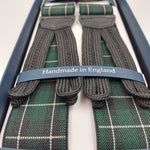 Albert Thurston for Cruciani & Bella Made in England Adjustable Sizing 35 mm Elastic Braces Black and Green Tartan Braces Braid ends Y-Shaped Nickel Fittings Size: L #6239