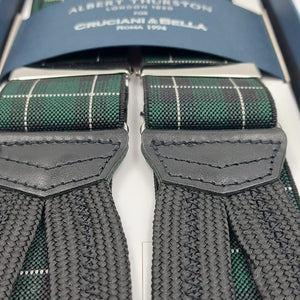 Albert Thurston for Cruciani & Bella Made in England Adjustable Sizing 35 mm Elastic Braces Black and Green Tartan Braces Braid ends Y-Shaped Nickel Fittings Size: L #6239