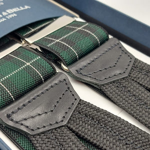 Albert Thurston for Cruciani & Bella Made in England Adjustable Sizing 35 mm Elastic Braces Black and Green Tartan Braces Braid ends Y-Shaped Nickel Fittings Size: L #6239