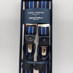 Albert Thurston for Cruciani & Bella Made in England Adjustable Sizing 35 mm Woven Barathea  Blue and White Stripes Braces 2 in 1 Y-Shaped Nickel Fittings Size: L 6240 