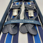 Albert Thurston for Cruciani & Bella Made in England Adjustable Sizing 35 mm Woven Barathea  Blue and White Stripes Braces 2 in 1 Y-Shaped Nickel Fittings Size: L 6240 