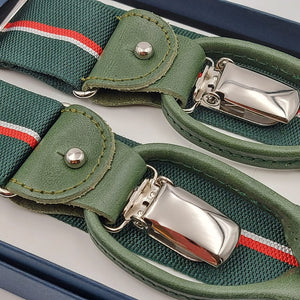 Albert Thurston for Cruciani & Bella Made in England Adjustable Sizing 30 mm Woven Barathea  Green, Red  and White Stripes Braces 2 in 1 Y-Shaped Nickel Fittings Size: L 6241 
