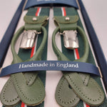 Albert Thurston for Cruciani & Bella Made in England Adjustable Sizing 30 mm Woven Barathea  Green, Red  and White Stripes Braces 2 in 1 Y-Shaped Nickel Fittings Size: L 6241 