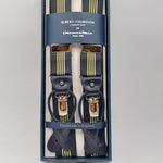 Albert Thurston for Cruciani & Bella Made in England Adjustable Sizing 30 mm Woven Barathea  Dark Green and Yellow Stripes Braces 2 in 1 Y-Shaped Nickel Fittings Size: L 6242