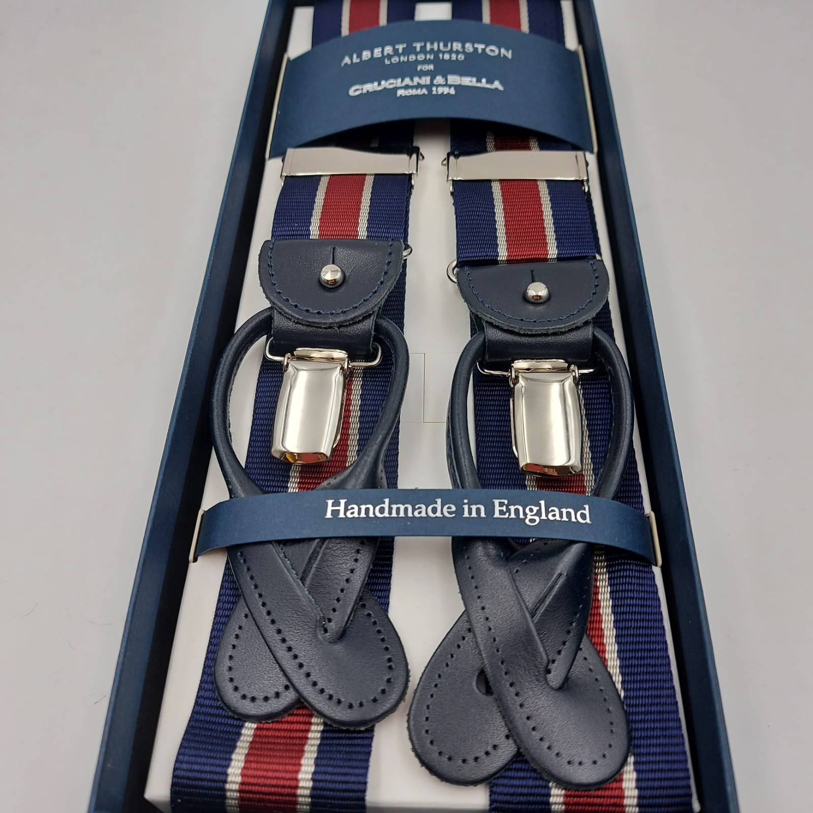 Albert Thurston for Cruciani & Bella Made in England Adjustable Sizing 30 mm Woven Barathea  Blue ,Wine and White Stripes Braces 2 in 1 Y-Shaped Nickel Fittings Size: L 6243 