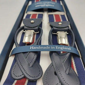 Albert Thurston for Cruciani & Bella Made in England Adjustable Sizing 30 mm Woven Barathea  Blue ,Wine and White Stripes Braces 2 in 1 Y-Shaped Nickel Fittings Size: L 6243 