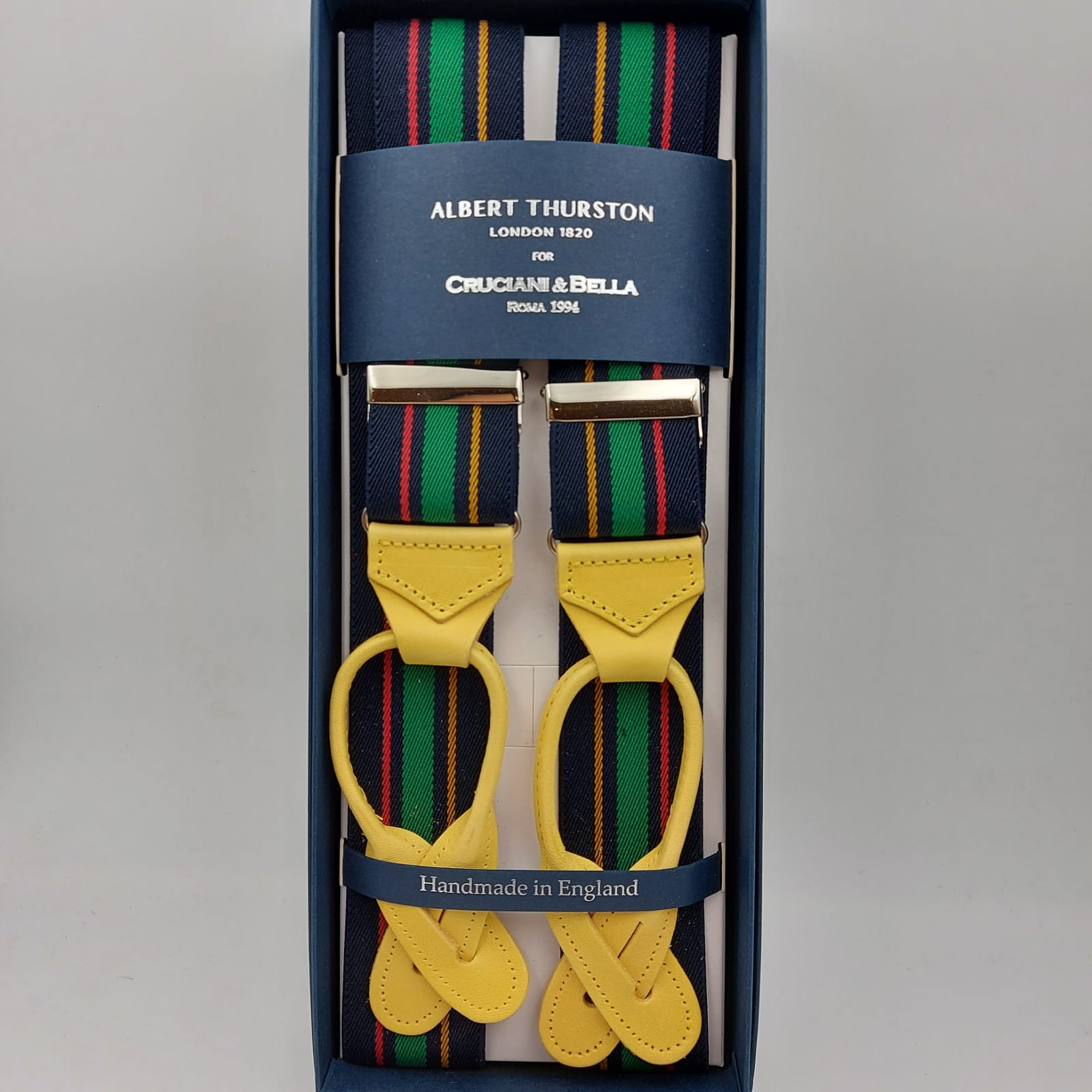 Albert Thurston for Cruciani & Bella Made in England Adjustable Sizing 35 mm elastic  braces Blue, Red,Yellow and Green Stripes Leather ends Y-Shaped Nickel Fittings Size: L 6244
