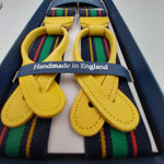 Albert Thurston for Cruciani & Bella Made in England Adjustable Sizing 35 mm elastic  braces Blue, Red,Yellow and Green Stripes Leather ends Y-Shaped Nickel Fittings Size: L 6244