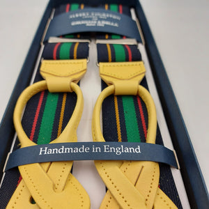 Albert Thurston for Cruciani & Bella Made in England Adjustable Sizing 35 mm elastic  braces Blue, Red,Yellow and Green Stripes Leather ends Y-Shaped Nickel Fittings Size: L 6244