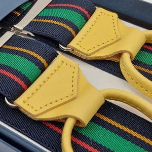 Albert Thurston for Cruciani & Bella Made in England Adjustable Sizing 35 mm elastic  braces Blue, Red,Yellow and Green Stripes Leather ends Y-Shaped Nickel Fittings Size: L 6244
