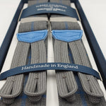 Albert Thurston for Cruciani & Bella Made in England Adjustable Sizing 40 mm braces 100% Wool Fresco III Grey and Light Blue Check Motif Braid ends Y-Shaped Nickel Fittings XL 6246