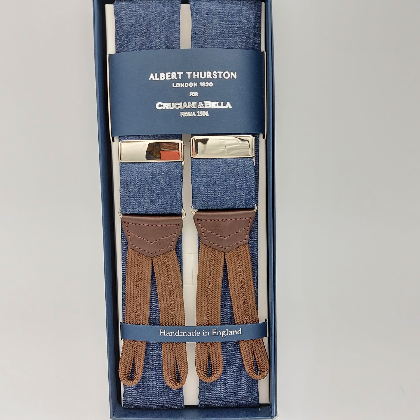 Albert Thurston for Cruciani & Bella Made in England Adjustable Sizing 40 mm braces 100% Cotton Chambray Blue Plain Color Braid ends Y-Shaped Nickel Fittings XL 6252