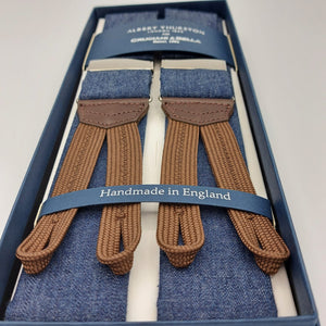 Albert Thurston for Cruciani & Bella Made in England Adjustable Sizing 40 mm braces 100% Cotton Chambray Blue Plain Color Braid ends Y-Shaped Nickel Fittings XL 6252