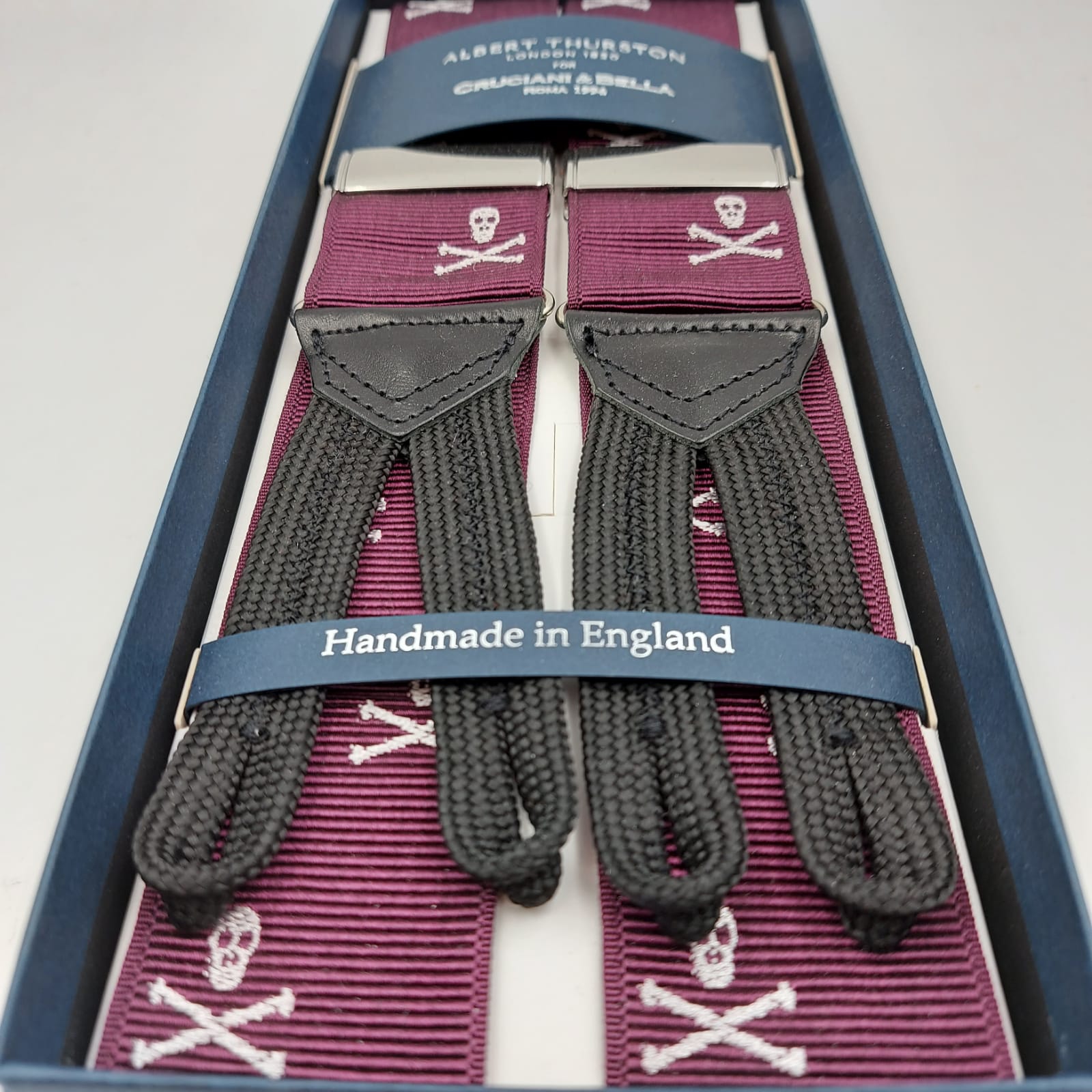 Albert Thurston for Cruciani & Bella Made in England Adjustable Sizing 40 mm Woven Barathea  Purple and White Motif Braces Braid ends Y-Shaped Nickel Fittings Size: XL #6254