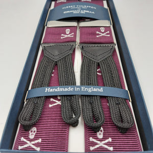 Albert Thurston for Cruciani & Bella Made in England Adjustable Sizing 40 mm Woven Barathea  Purple and White Motif Braces Braid ends Y-Shaped Nickel Fittings Size: XL #6254