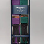 Albert Thurston for Cruciani & Bella Made in England Adjustable Sizing 40 mm Woven Barathea  Purple and Green Motif Braces Braid ends Y-Shaped Nickel Fittings Size: XL #6255